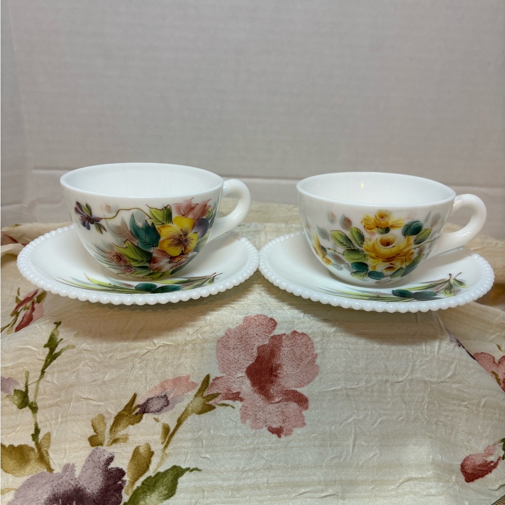 VTG Westmoreland Beaded 4 Piece Set Milk Glass Hand Painted Granny Core